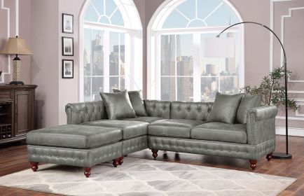 Slate Gray Breathable Leatherette 3pc Sectional Set 2x Reversible Loveseat / Chaise and 1x Ottoman Tufted Couch Pillows