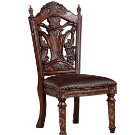 Traditional 2pcs Side Chairs Brown Cherry Leatherette Seats Faux Wood Carved Details Formal Solid wood Dining Room Furniture