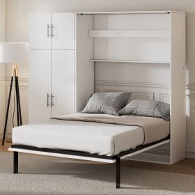 Full Size Murphy Bed with Lockers and Wardrobes, White(Expected Arrival Time:9.27)