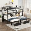 FULL XL Over Twin & Twin Triple Bunk Bed with Drawers,multi-functional metal frame bed, bed head with shelving, black