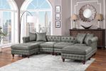 Slate Gray Breathable Leatherette 4pc Sectional Set 2x Reversible Loveseat / Chaise and 2x Ottomans Tufted Couch Pillows