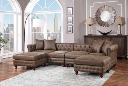 Dark Coffee Breathable Leatherette 4pc Sectional Set 2x Reversible Loveseat / Chaise and 2x Ottomans Tufted Couch Pillows