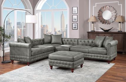 Slate Grey Breathable Leatherette 4pc Sectional Set 3x Reversible Loveseat / Chaise and 1x Ottoman Tufted Couch Pillows