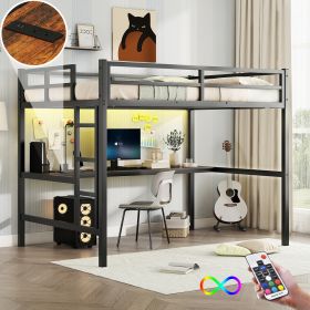 Metal Full Size Loft Bed with Power Outlet and LED Lighted, Space-Saving, Noise Reduced, Black