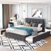 Upholstered Platform Bed with 2 Drawers and 1 Twin XL Trundle, Linen Fabric, Queen Size - Dark Gray