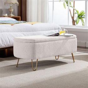 Ivory White Storage Ottoman Bench for End of Bed Gold Legs