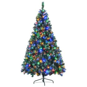 6FT Dark Green Pine Christmas Tree, Pre-Lit Set with Tree & Garland & Wreath, Hinged Artificial Xmas Tree with White Tips, Red Berries and Pine Cones