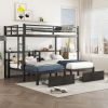 FULL XL Over Twin & Twin Triple Bunk Bed with Drawers,multi-functional metal frame bed, bed head with shelving, black