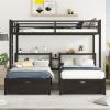 FULL XL Over Twin & Twin Triple Bunk Bed with Drawers,multi-functional metal frame bed, bed head with shelving, black