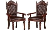 Traditional 2pcs Arm Chairs Brown Cherry Solid wood Dark Brown Leatherette Seats Tufted Back Formal Dining Room Furniture