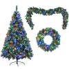 6FT Dark Green Pine Christmas Tree, Pre-Lit Set with Tree & Garland & Wreath, Hinged Artificial Xmas Tree with White Tips, Red Berries and Pine Cones