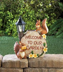 Solar-Powered Garden Squirrel Welcome Sign for Outdoor Decor