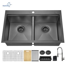 Aqucubic Gunmetal Black CUPC Handmade 304 Stainless Steel Topmount Kitchen Sink with Accessories and faucet (Thickness: 18 Gauge, Color: ACS3322A2T-FW)