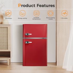 Antarctic Star Compact Mini Refrigerator Separate Freezer, Small Fridge Double 2-Door Adjustable Removable Retro Stainless Steel (Color: Red)