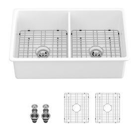 32"x19" Undermount White Ceramic Kitchen Sink Single Bowl,Kitchen Sink Double Bowl with Strainer (Stytle: Double Bowl, size: 32"x19")