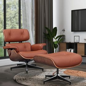 Living Room Standard Size Lounge Chair Armchair With Ottoman Genuine Leather Swivel Chair (Color: tan leather walnut frame)